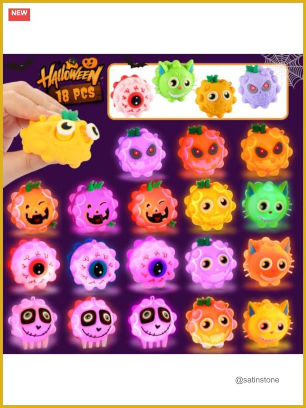18 Pcs Halloween Light Up Pop Fidget Balls with Keychains Party Favors for Kids